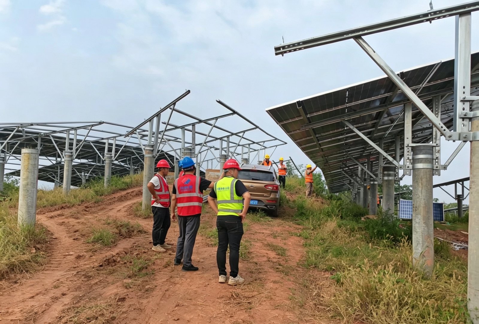 Solar EPC team inspecting module structures